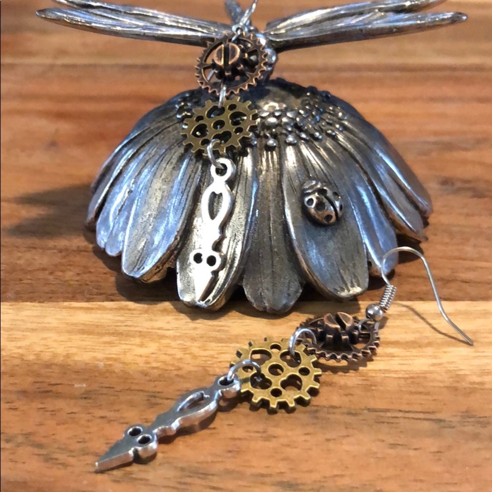 Steampunk style gear and clock hand earrings
